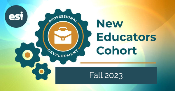 Graphic with cog wheels and a briefcase in the large cog wheel. Text says New Educators Cohort with text Fall 2023 below
