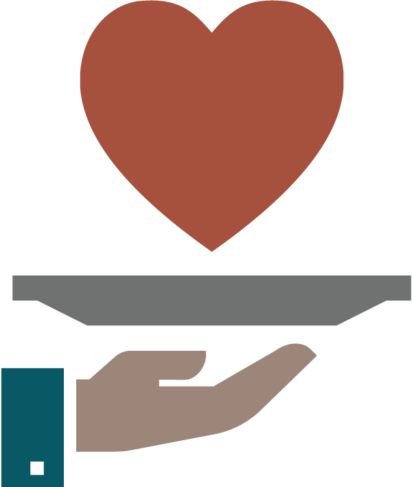 Graphic showing a hand holding a platter with a red heart shape on top.
